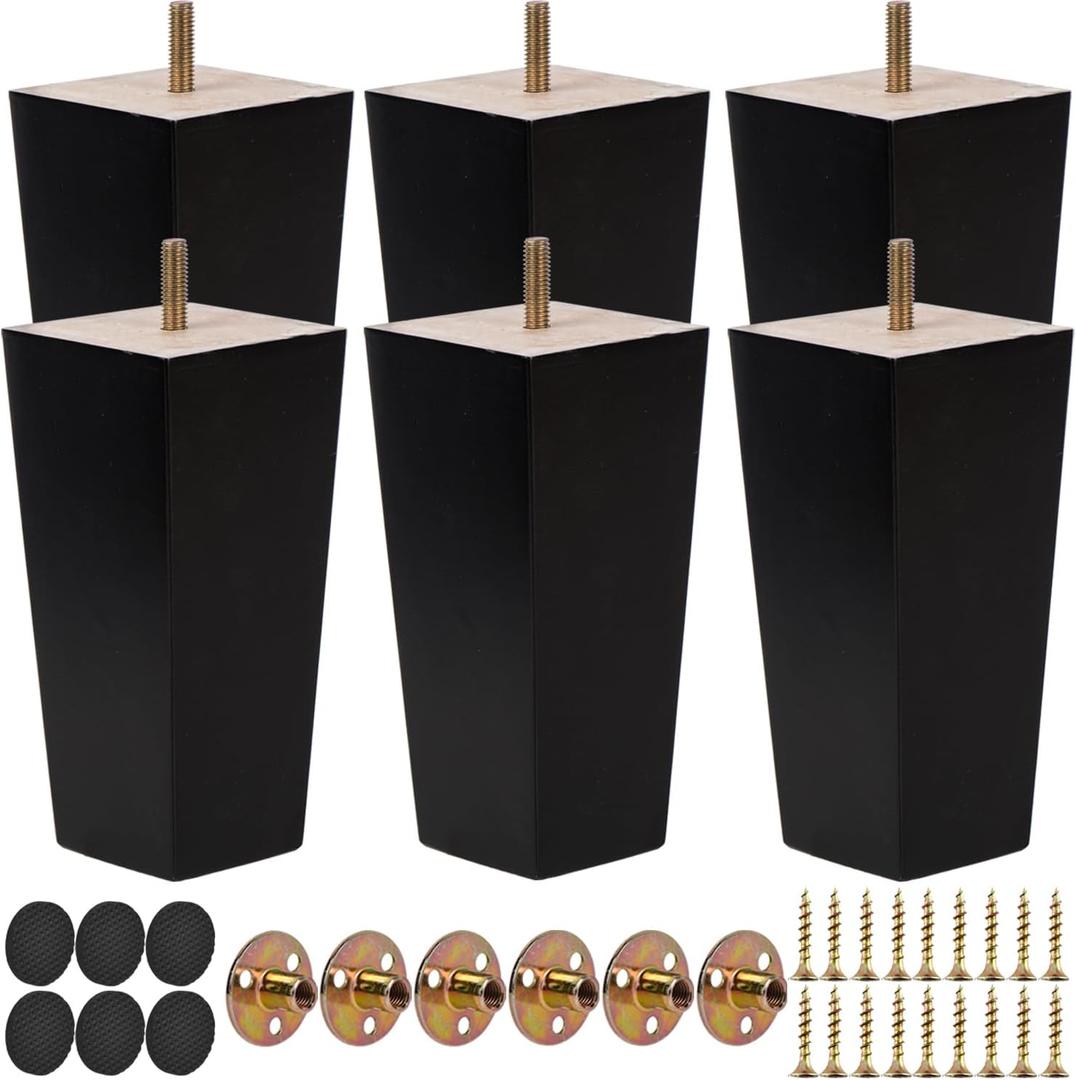 4 Inch / 10 cm Wooden Furniture Legs, Set of 6 Solid Wood Mid-Century Modern Pyramid Replacement Feets with 5/16 inch Bolt & Rubber Floor Protectors for DIY Ottoman TV Stand Black