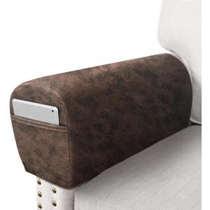 ANARACHON Leather Look Couch Arm Covers Set of 2 Armrest Covers for Sofa Chair Arm Protectors Stretch Armchair Slipcovers with Pockets Washable Spandex Fabric (Large, Brown)