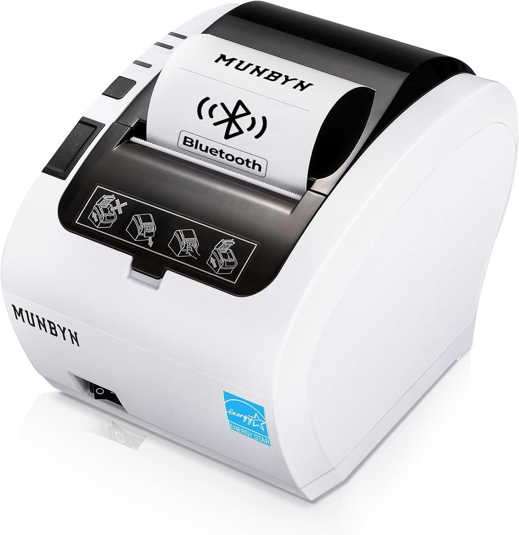 MUNBYN Bluetooth Thermal Receipt Printer P047, 80mm POS Printer, Thermal Printer with USB Serial Ethernet, Bluetooth, Support Android Windows PC iOS(Do Not Support Paypal Doordash Grubhub Vagaro)White