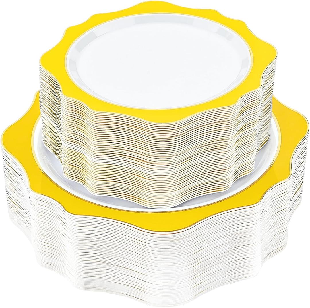 realluck 100 PCS White and Yellow Disposable Plates for 50 Guests, Scalloped Plastic Plates Include 50 Dinner Plates and 50 Dessert Plates for Party, Wedding