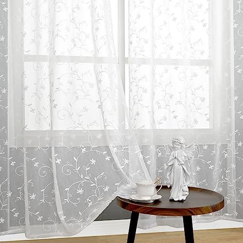 BGment White Sheer Curtains 63 inches Length 2 Panels, Embroidered Flower Pattern Semi Sheer Voile Drapes Light Filtering Privacy Grommet Faux Linen Window Drapes for Bedroom, 52 x 63 Inch