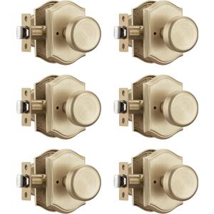 6 Pack Pismo Doorknobs for Bath & Bedroom, Gold Interior Door Knobs with Camelot Trim, Satin Brass Door Knob with Lock