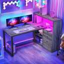 DWVO L Shaped Desk with Drawers, 55" Corner Computer Desk with Bookshelf & Power Outlets & LED Lights, Home Office Desk with Storage Shelves, Grey