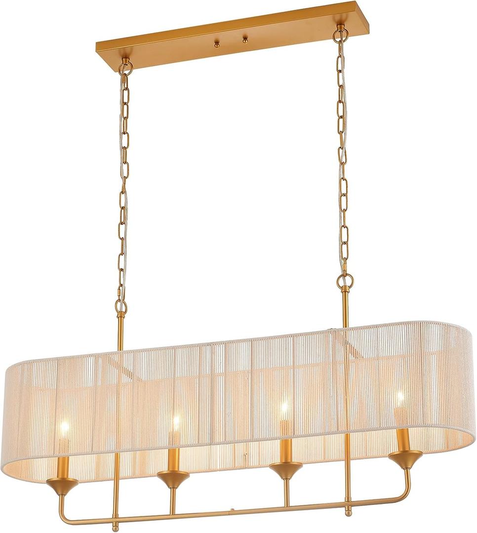 42" Boho Chandelier Brass and White Hand Woven Rattan Pendant Light Linear Large Island Light for Dining Room Kitchen Island Living Room, UL Listed