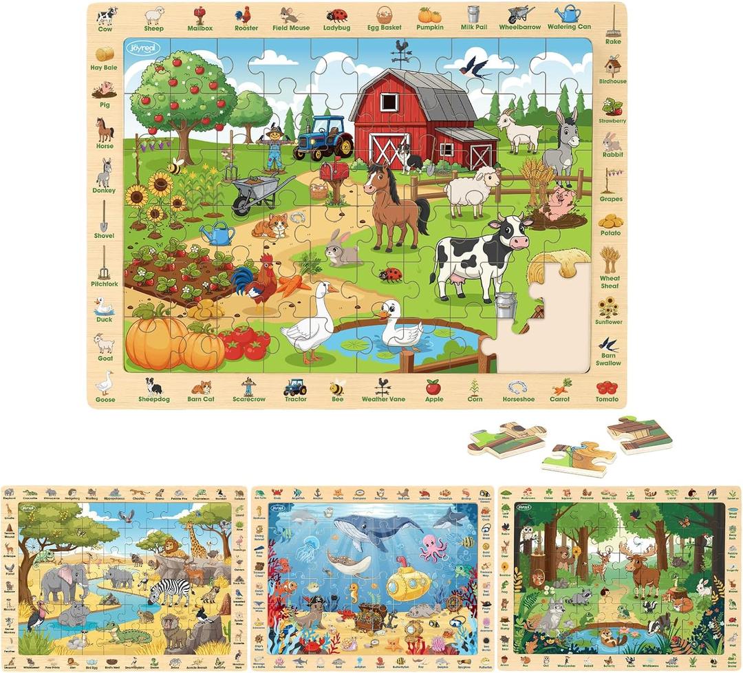 Joyreal Wooden Puzzles for Kids Ages 4-6, 4 x 60 Piece Search and Find Puzzles for Toddlers 3-5, Educational Animal Learning Toys, Birthday Gifts for 3 4 5 6 Year Old Boys Girls