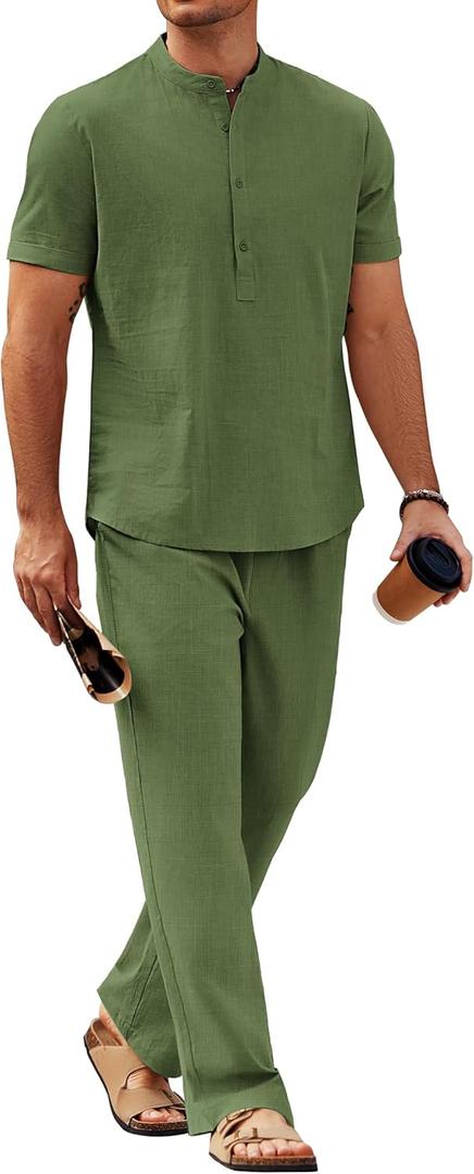 COOFANDY Mens 2 Pieces Cotton Linen Sets Short Sleeve Casual Henley Shirt Summer Beach Pants Lounge Vacation Outfits Set (Medium, Army Green)