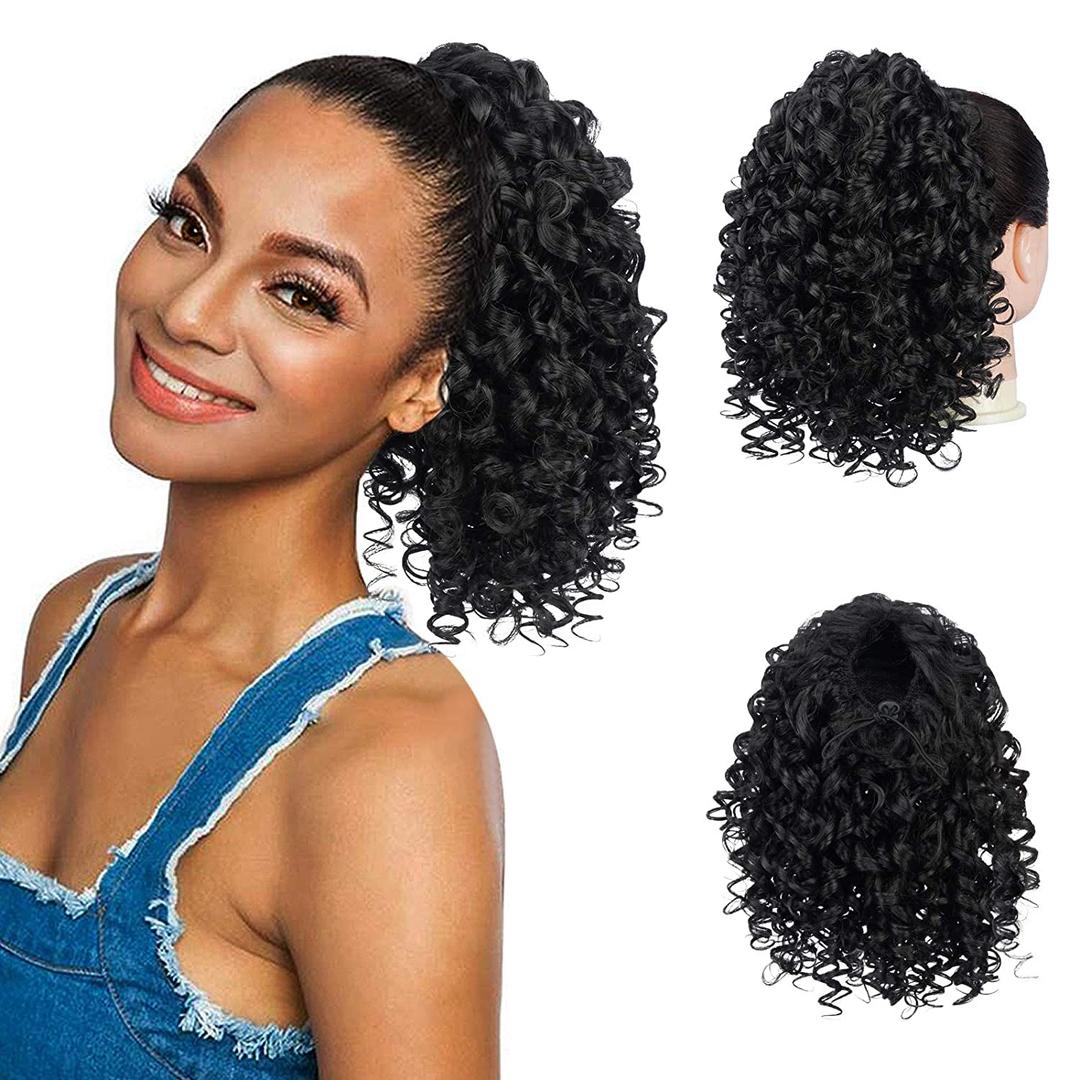 PEACOCO Curly Ponytail Extension Drawstring Ponytails for Black Women - 10 Inch Pony Tail Clip on Ponytail Synthetic Short Afro Hairpiece for Daily Use1B