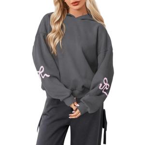 Womens Bow Graphic Hoodie Cute Bow Sweater Oversized Long Sleeve Fleece Sweatshirt Drop Shoulder Pullover Tops Dark Grey (Gray, M)