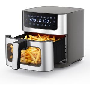 NEWBULIG Air Fryer 6.34QT, Airfryer with Visible Window, 400 Fast Heating Air Fryers Oven with Nonstick and Dishwasher-Safe Basket, 8-in-1 Cooking Preset, TimerAuto-Off, Stainless Steel, Grey