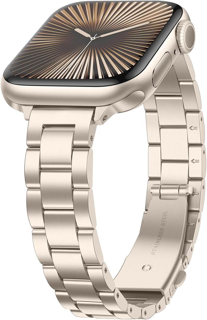 Anlinser Bands Compatible with Apple Watch Band 42mm 41mm 40mm 38mm, Women Slim Stainless Steel Metal Strap for iWatch Series 10 9 8 7 6 5 4 3 2 1 SE (Starlight)