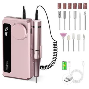Rechargeable Nail Drill 45,000 RPM, Portable Electric Nail File for Acrylic Gel Polishing and Removal—Nail Dremel Tool for Women, Ideal for Home DIY or Salon, Pink