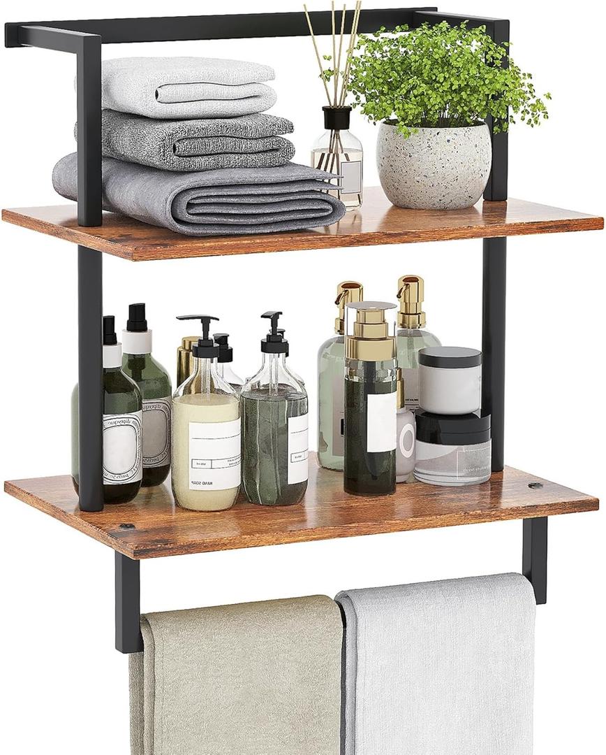 Wall Mounted Towel Rack for Bathroom, Bath Storage Holder 3-Tier Steel Wood Towel Shelf with Bar, Rustic Brown