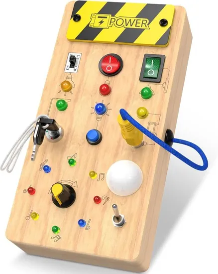 Montessori Toy from 1 Year Old, Montessori Busy Board with LED Light Switch, Activity Board, Wooden Toy from 1, 2, 3 Years, Motor Skills Toy, Sensory Toy, Educational Toy