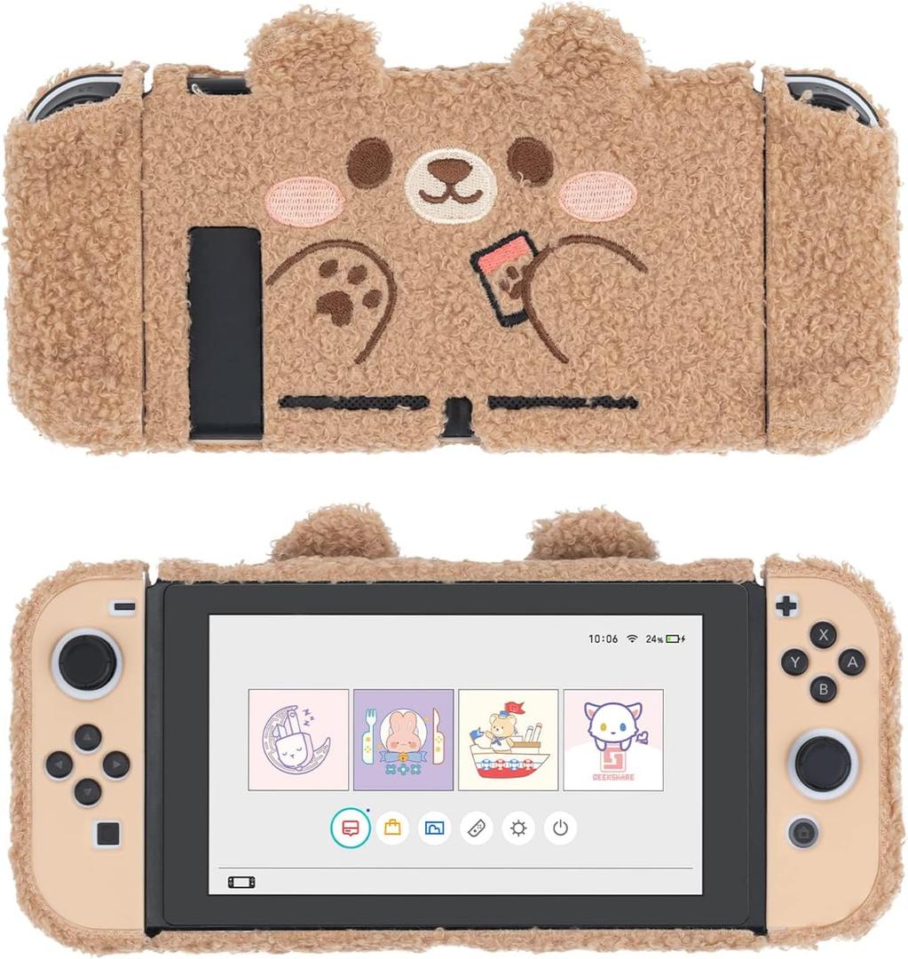 GeekShare Cute Plush Protective Case Cover Compatible with Switch - Shock-Absorption and Anti-Scratch - Plush Bear (for Switch 2017)
