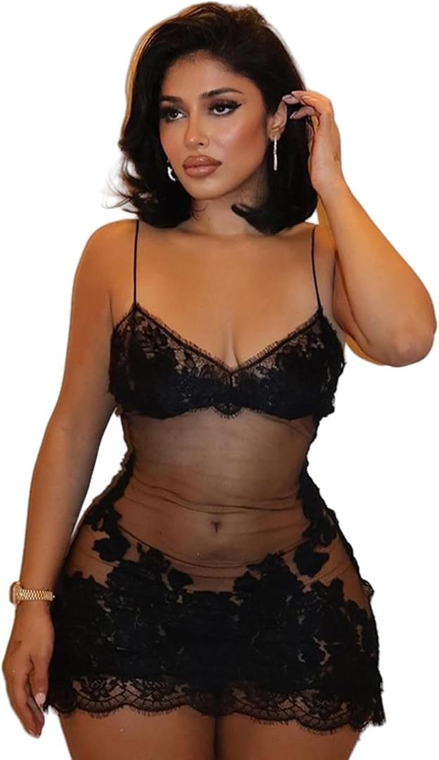 AMPOSSTO Women's Sexy Mesh Sheer Floral Lace Mini Dress Spaghetti Strap See Through Beach Cover Ups Party Evening Dresses Black Small