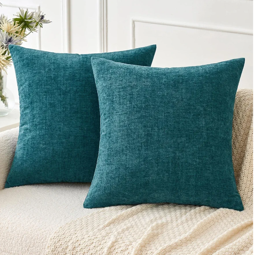 MIULEE Pack of 2 Couch Throw Pillow Covers 18x18 Inch Soft Teal Chenille Pillow Covers for Sofa Living Room Solid Dyed Pillow Cases