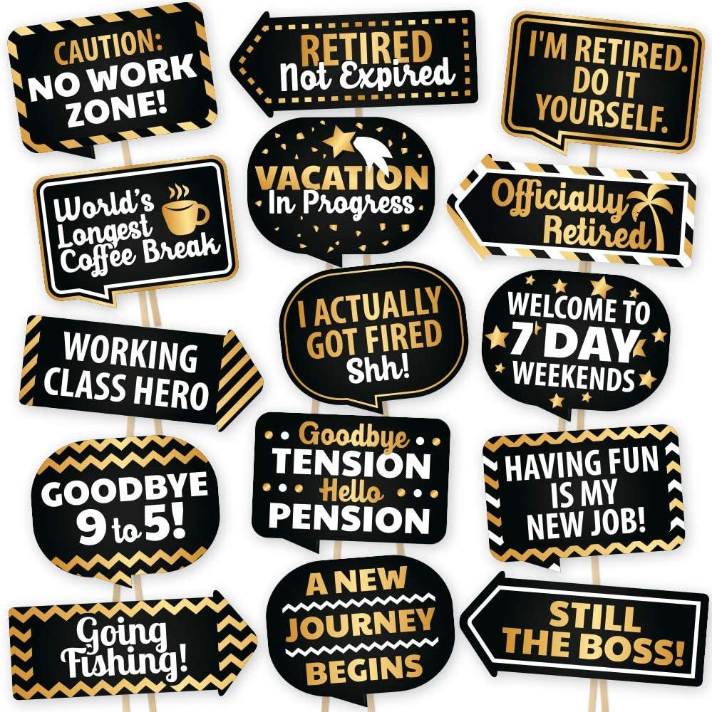 PartyGraphix Retirement Photo Booth Props - European Made Retirement Party Supplies - Easy to Assemble Selfie Props - Decorations Kit Includes 15 Pieces