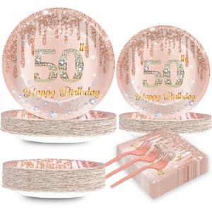 200 PCS Happy 50th Birthday Party Plates Napkins Pink Rose Gold Tableware Set for Women 1975 Decorations Dessert Plates Forks Serve 50 Guests for Girls 50th Birthday Party Supplies