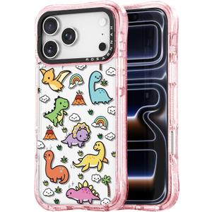 for iPhone 17 Pro Max Case Cute - Military-Grade 20 ft Drop Protection Shockproof Phone Case - Funny Dinosaur Land Design (6.9") Glitter Pink