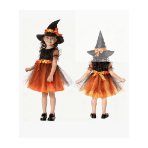 Toddler Halloween Orange Witch Costume Girls Kids Baby Halloween Costumes Witch Dress with Hat Outfit Cosplay Party, Size 110