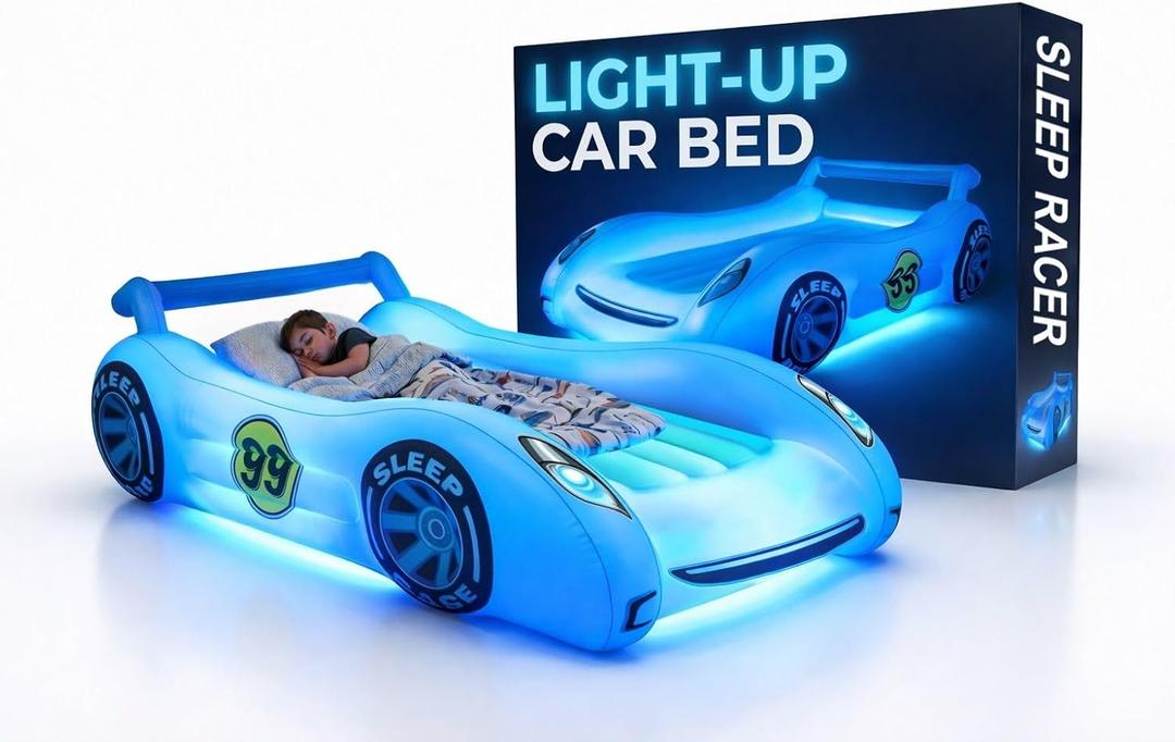 Air Candy Sleep Racer Dream Car Inflatable Kids Bed with LED Night Light Glow  Blue Race Car Air Mattress for Kids Sleepovers, Naps & Travel, Ages 312 (Single Large (Blue))