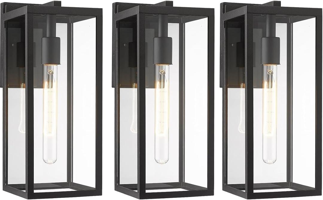 Bestshared Outdoor Wall Lights,15 Inch Exterior Wall Lanterns with Clear Glass, Anti-Rust Black Porch Lights Sconce,Weather Resistant Outdoor Lights for House, Garage, Doorway, Patio, E26 Base(3 Pack)