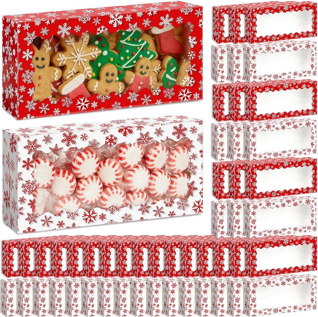 Tenceur 48 Pieces Christmas Cookie Boxes with Window & Lid 12.5 x 5.5 x 2.5 Inch Red and White Snowflake Bakery Boxes Christmas Xmas Candy Treat Food Container for Xmas Gift Wrapping Party Favor