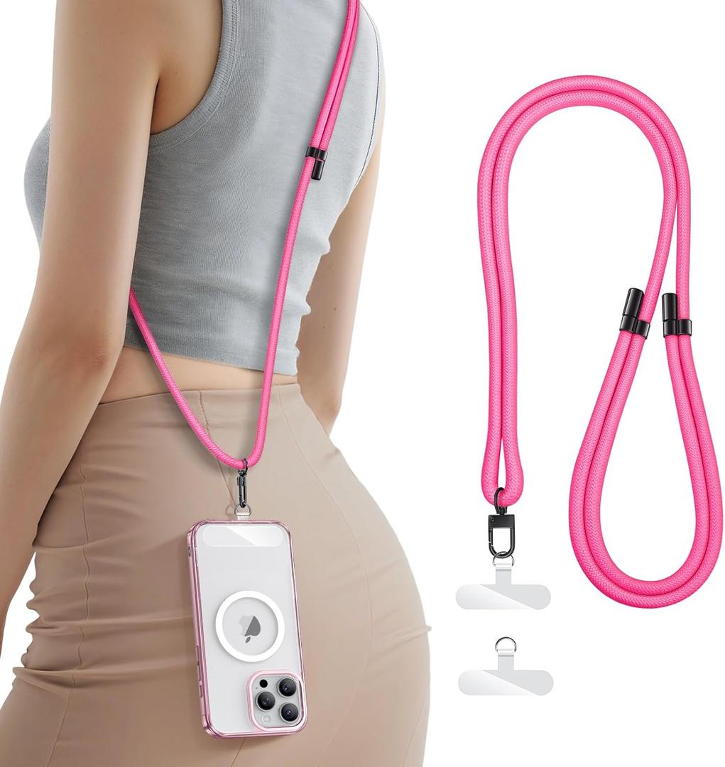 SSLOTSCASE for Phone Lanyard Crossbody with 2X Phone Tabs, Sturdiness Comfortable Retractable Cellphone Lanyard, Secure Carabiner, Universal Neck Wrist Strap for Daily & Outdoor Activities, Pink