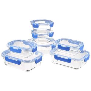 Amazon Basics Glass Food Storage Containers with Locking Lids, Set of 4, 8 pieces including lids, BPA-Free, clear with blue silicone ring