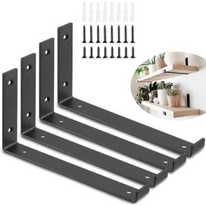 Wishtofly Shelf Brackets, 12 Inch Heavy Duty 1/5 inch Metal J Brackets for Wood Shelves, Rustic Matte Black L Shelf Bracket Wall Mount with Lip, for DIY Open Shelving, 4 Pack