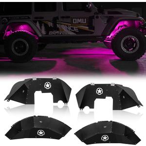 Front and Rear Inner Fender Liners Kit with LED Neon Light for 2018-2026 Jeep Wrangler JL JLU 2/4 Doors Five Star Logo
