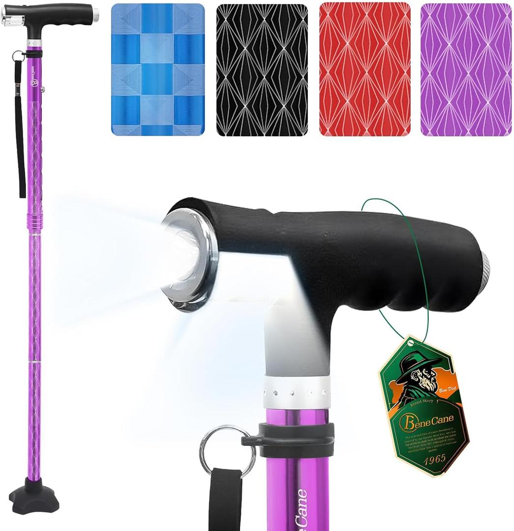 BeneCane Walking Cane for Women Folding Cane for Men with Two Led Lights Quad Cane with Stable Base Lightweight and Adjustable Walking Stick (Carved Purple)