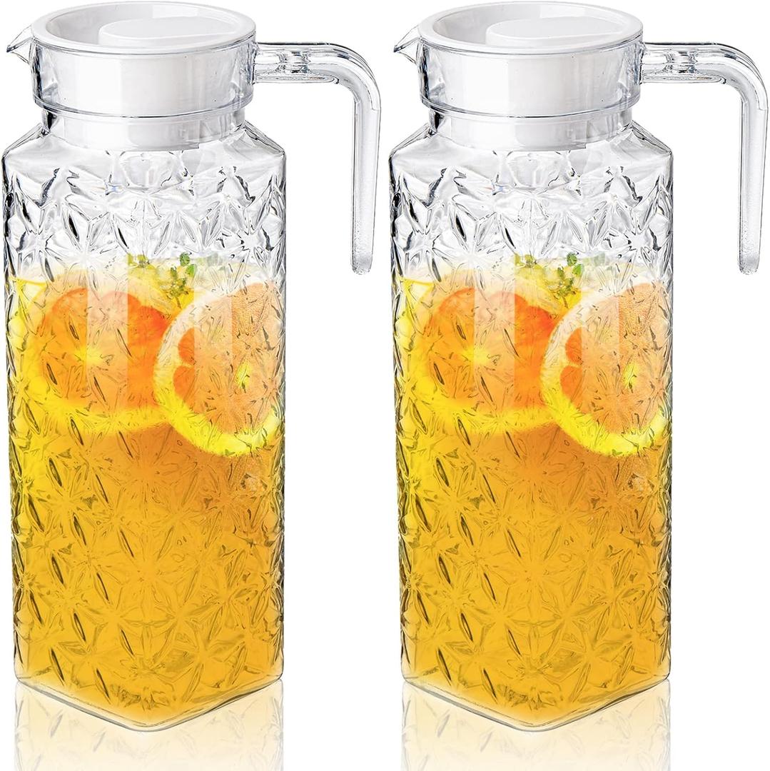 Peohud 2 Pack Acrylic Pitchers, 37oz Clear Plastic Pitcher with Removable Lid, Transparent Juice Jug Water Pitcher for Iced Tea, Sangria, Lemonade, Cold or Hot Beverages, BPA-Free and Shatter-Proof