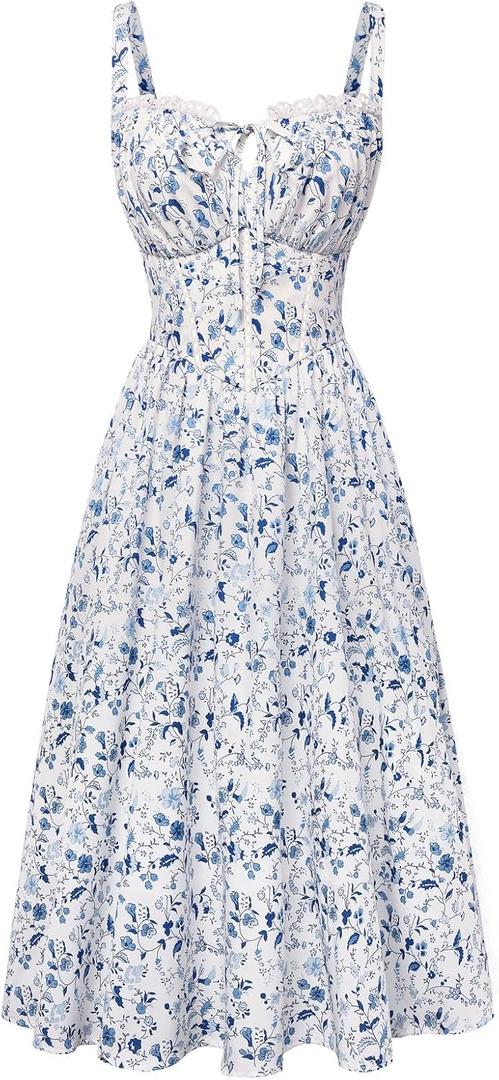 Scarlet Darkness Women 2026 Floral Corset Dress Summer Milkmaid Sundress Wedding Guest Dresses with Pockets (Large, White Blue Floral)