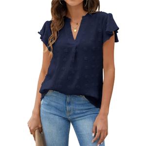 Blooming Jelly Womens White Blouse V Neck Ruffle Sleeve Flowy Shirts Dressy Casual Cute Summer Tops (Large, Navy Blue)