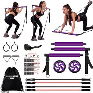 Pilates bar kit Multiple Fitness bar with Resistance Bands, Ab Rollers.Core Strength Training Equipment. Squat Machine for Men and Women.Portable Home Gym Pilates bar kit for Full Body Training Women