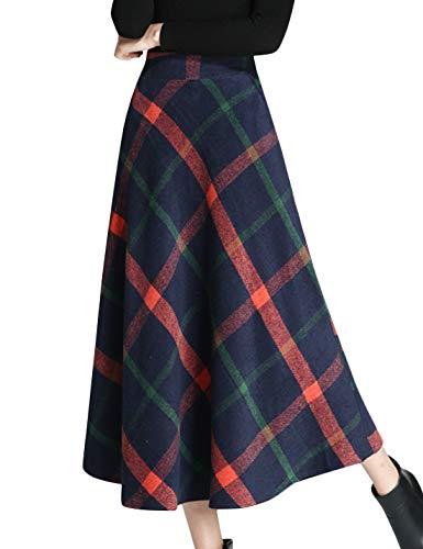 Tanming Women's Winter Warm Elastic Waist Wool Plaid A-Line Pleated Long Skirt (Dark Blue-L)