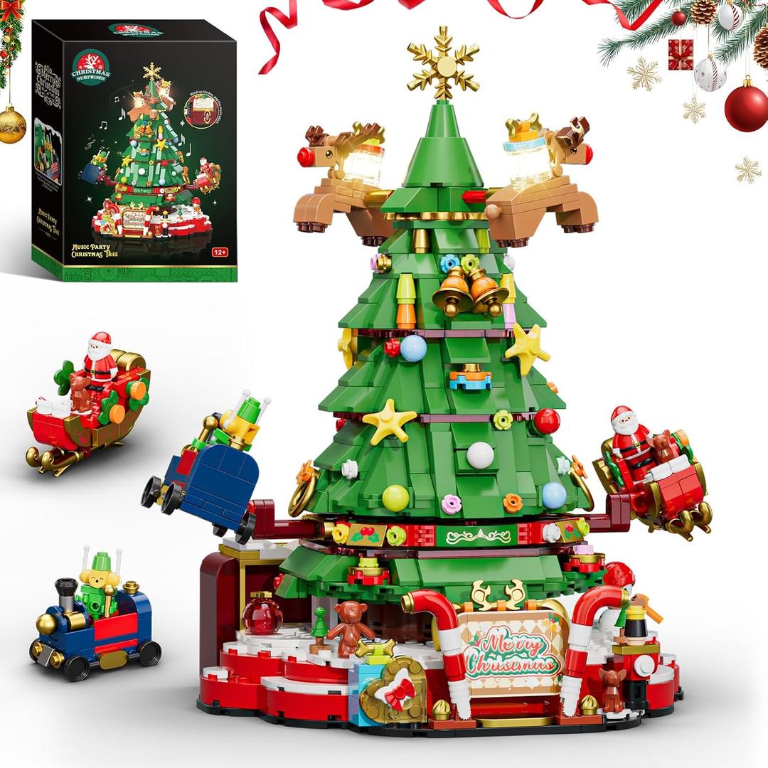 Christmas Tree Building Set with Lights, Christmas Tree Building Blocks Set with Music Box, Flying Reindeer, and Santa Claus Riding a Sleigh, Christmas Toy for Kids 8+ (881 PCS)