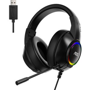 AOC Gaming Headset, Black Wired Gaming Headphones with 50mm Drivers, RGB USB Corded Headphone for PC/Laptops, Over Ear Headset with Mic for PS4/PS5/NS Switch(Docked Mode), ACG2510