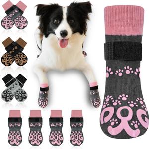 Anti Slip Dog Socks to Prevent Licking Paws - Double Side Dogs Paw Grip Sock for Hardwood Floors, No Twist Puppy Booties Grippy Socks for Senior Dogs, Dark Grey and Pink, XS 