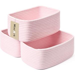 Small Storage Baskets for Organizing | Closet Organizer Bins | Shelf Toy Basket | Woven Rope Baskets | Cube Decorative Box | Shallow Basket | 11.5x7.5x4.7 | 3 Packs Light Pink