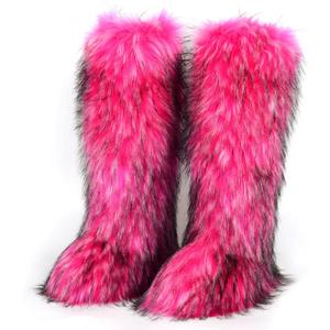 WOVOIE Knee High Fur Boots for Women Faux Fur Boots, Fluffy Round Toe, Winter Cosy Plush Warm Outdoor Snow Boots (Rose red, Adult, Women, 9, Numeric, US Footwear Size System, Medium)