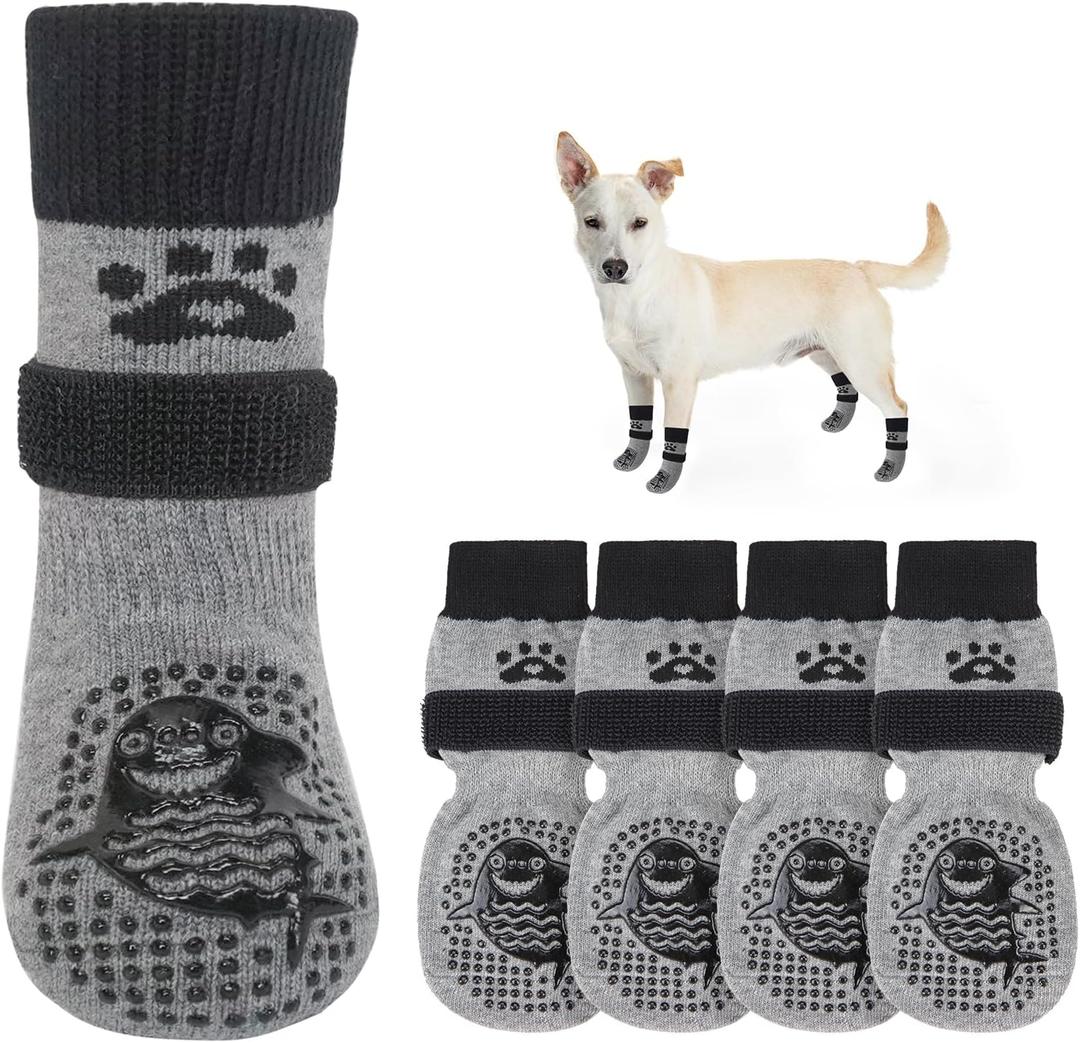 SCENEREAL Dog Socks to Prevent Licking Paws for Hot/Cold Pavement Anti Slip, Dog Shoes for Hardwood Floors, Dog Boots & Paw Protectors with Grippers for Small Medium Large Senior Dogs, Shark XS (Grey Shark(Pack of 4))