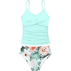 Aulyffo Girls Swimsuits Size 10-12 Bathing Suits Size 10-12 Tropical Print Two Piece Girl Tankini Criss Cross Ruched Girls Swimwear, Light Blue 11-12 Years