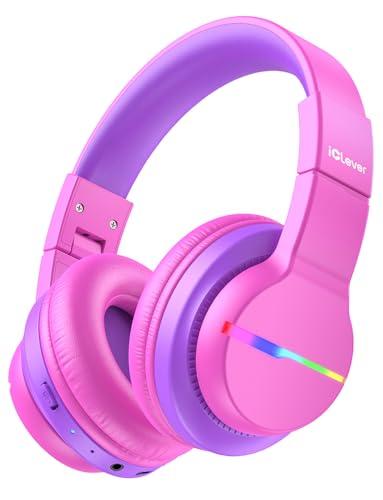 iClever BTH12 Kids Bluetooth Headphones,Colorful LED Lights,74/85dBA Safe Volume,85H Playtime,Fast Charging,Bluetooth 5.2,Over Ear Kids Headphones Wireles for iPad/Tablet/Airplane,Hot Pink