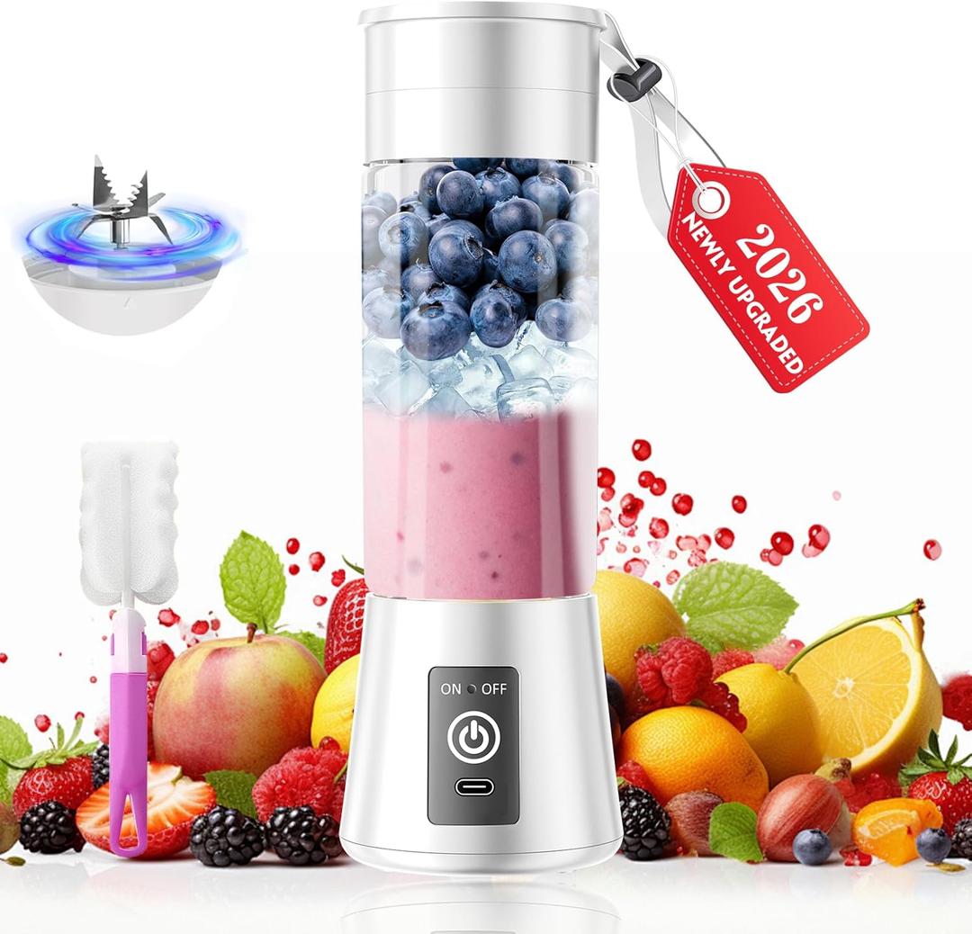 2026 Newly Upgraded Portable Smoothie Blender - Cordless Personal Blender Rechargeable, 13Oz Juice Cup BAP Free, 20,000Rpm Speed Powerful Blending, Freshly Squeezed in Sports/Office, Mother's Day (White)