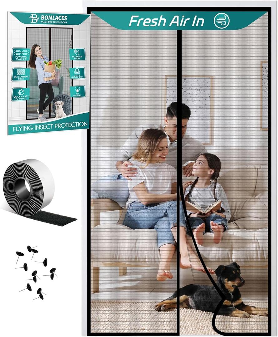 Magnetic Screen Door with Upgraded PET Material Mesh- Easy Installation, Tear-Resistant, Pet and Kid Friendly Screen 38"X84" Fit Door Size 36"X82" (Black)