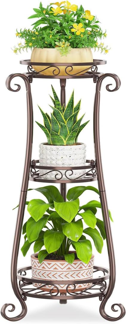KMOTASUO 3 Tier Metal Plant Stand for Multiple Large Planters Indoor Outdoor Organizer, Heavy Duty Tall Flower Rack for Corner Patio Bathroom Office Corner, Modern Sturdy Vertical Iron Rack, Bronze