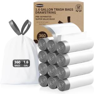 360 Count 1.6 Gallon Mini Drawstring Bags, 1.2 Mil Thick Small Garbage Bags by WOWSOLID, Fit Liners 4.5-8 Liter, 1.2-2 Gal, Can Bin for Bathroom, Kitchen, Bedroom, Office, 6 Pack