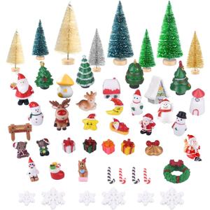 KUUQA 50 Pcs Mini Christmas Ornament Kits,Mini Christmas Trees Bottle Brush Trees with Resin Santa Claus, Snowman, Snowflake, Bell, Elk, Candy Cane for Christmas Party Supplies